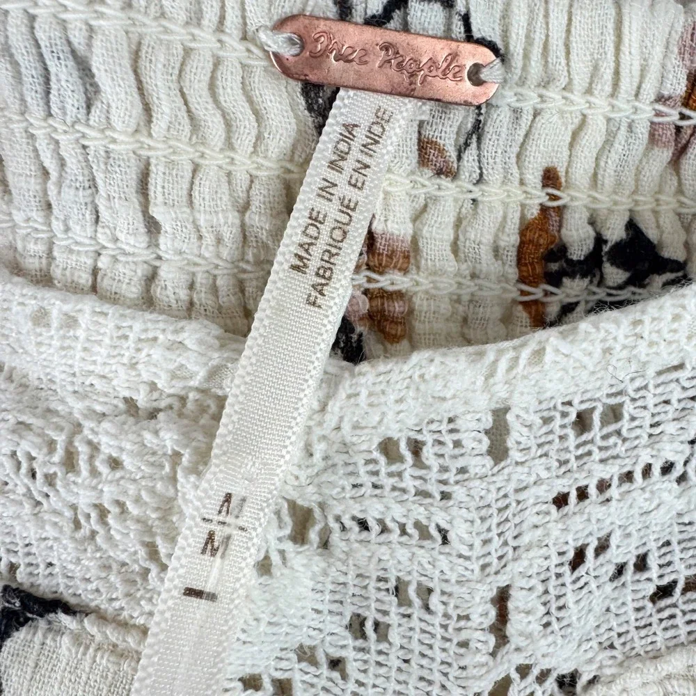 Free People Floral Lace Trim Puff Sleeve Midi Dress Cream Boho Womens Medium